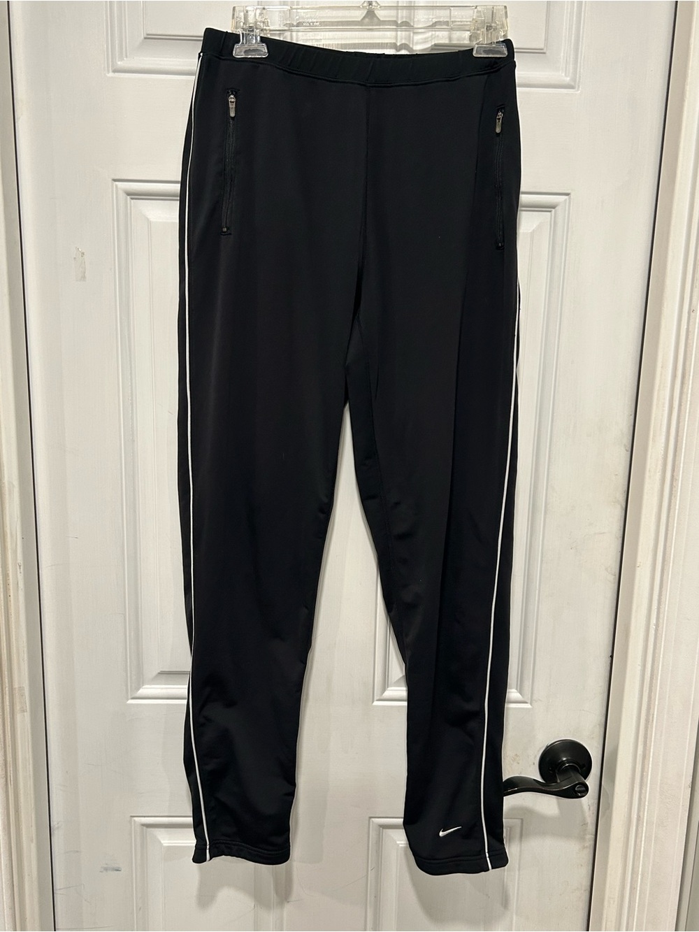 Nike Dri-FIT Black Track Pants White Piping Zipper Pockets Cuffs Women's M 8-10